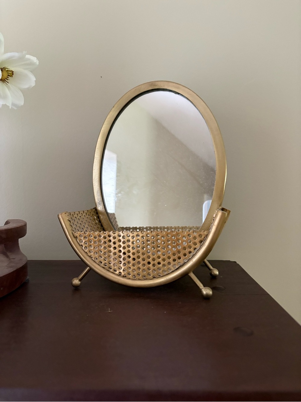 Anthropologie Brass-Tone Oval Vanity Mirror with Perforated Shelf